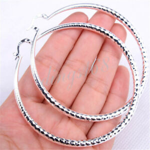 Women's eXtra-Large 925 Sterling Silver Diamond-Cut 70mm Round Hoop Earrings H47