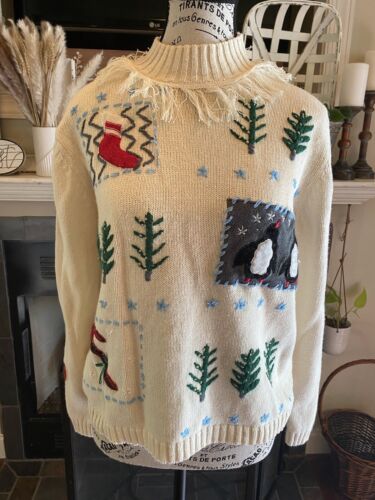 All Points Reference Point Vintage Christmas Sweater Medium Embroidered Stitched