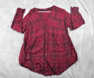 Torrid Shirt Top Womens Plus 2X Red Plaid Button Up Babydoll Pockets