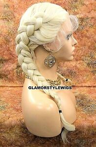 HUMAN HAIR BLEND LACE FRONT FULL WIG MIDDLE PART LONG BRAIDED PLATINUM BLONDE