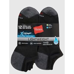 Hanes Men's 12 Pair X-Temp Lightweight Super Low No Show Socks Size 6-12 Black