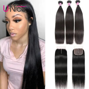 UNice Brazilian Straight 3 Bundles Human Hair Extension with T Part Lace Closure