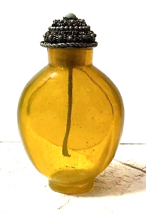 RARE ANTIQUE CHINESE Yellow PEKING GLASS SNUFF BOTTLE W/ORNATE  TOP-MIN RES!