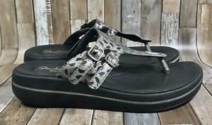 Skechers Tone Ups Women Sz 10 Flip Flop Silver Bird Print Wedge Thong Sandals