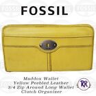 Fossil Maddox Wallet  Yellow Peebled Leather 3/4 Zip Around Long Wallet Clutch