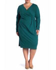 💚 LAFAYETTE 148 Green Pleated Wrap Bodice Ruched Long Sleeve Dress 1X 14W 16W