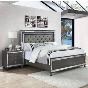 NEW Luxe LED Light Black Queen King Bed & Optional Nightstand Modern Bedroom Set
