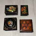 Vintage Russian Hand Painted Story Wood Jewelry Boxes Lot Of 4
