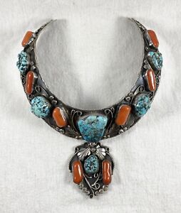 Old Pawn Navajo Sterling Silver Turquoise Coral Necklace 139 Grams