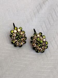 Green & Pink Crystals Domed Cluster Pierced Earrings, French Hook, .75