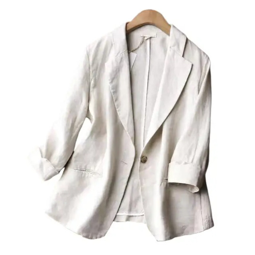 Women Cotton Linen Suit Blazer 3/4 Sleeve Lapel One Button Thin Coat Slim Casual