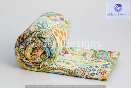 Queen Kantha Quilt Bedspread Floral Cotton Multicolor Boho Gypsy Blanket