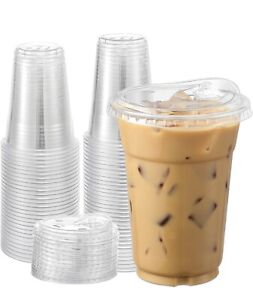 100 Set, 16 oz Crystal Clear PET Disposable Plastic Cups ￼ With Sip Lids.