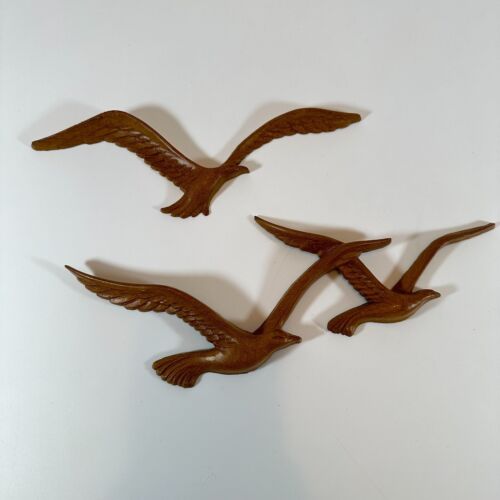 Vtg Homco Flying Birds Seagulls 3D MCM Faux Wood Wall Decor Brown 2 Piece 80s