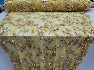 Yellow Lace 3D Floral Embroidery Fabric By The Yard Beaded 3d Lace Rhinestones
