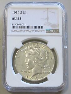 KEY DATE $1 1934 S PEACE SILVER DOLLAR NGC AU 53 TOUGH DATE AND GRADE CODE864001