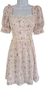 Womens Vintage Pink Floral Milkmaid Coquette Babydoll Puff Sleeve Mini Dress M.