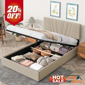 New ListingFull Size Bed Frame with Lift Up Storage and Modern Tufted Headboard Light Beige