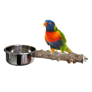Wooden Round Parrot Bird Perch Stand With Food Bowl Stainless Steel Hanging Bowl