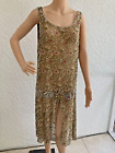 ANTIQUE 1920's BEADED & JEWELED GOLD METALLIC FRENCH LACE FLAPPER DRESS S/M