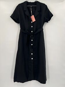 Quince Women's Black Linen Button Front Dress sz M Midi A-Line Belt Short Sleeve