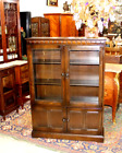 English Antique Oak Glass Door Bookcase / Display Cabinet