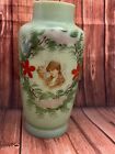 Vintage BRISTOL Glass Vase: Hand Painted Child Portrait Face Flowers Jadeite,