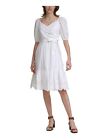 CALVIN KLEIN Womens White Pouf Sleeve Knee Length Faux Wrap Dress 6