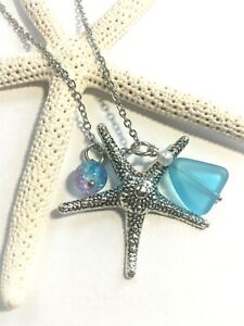 Sea Glass Necklace w/ Aqua Blue Sea Glass & Large Silver Starfish Pendant