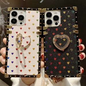 For iPhone 13 12 11 XS Max XR 8 7 Plus Glitter Bling Heart Love Ring Square Case