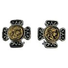 CRAFT Earrings Signed Clip On Silver Gold Tone Cameo Black Enamel .75 Inch Vtg