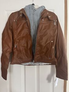 JOUJOU Vegan Leather Jacket With Faux Fur Lining Removable Hoodie Brown-SMALL
