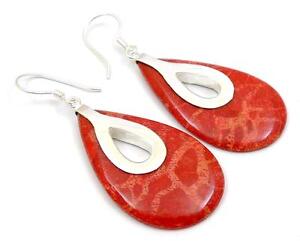 Natural Red Coral 925 Sterling Silver Dangle Drop Earrings Women Jewelry SC021