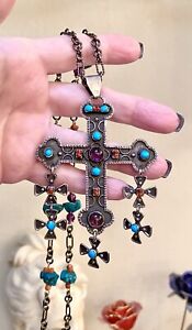 Antique/Vintage Sterling Silver Turquoise, Coral Ornate Maltese Cross Necklace