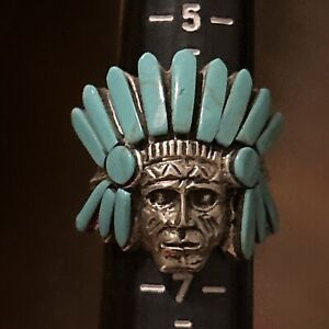 STERLING SILVER NATIVE AMERICAN SW INLAID TURQUOISE INDAIN CHEIF RING SZ 6 .925