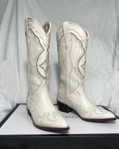 White Western Knee High Boots Design Chunky Heel Long Boots Cowboy Ridding Shoes