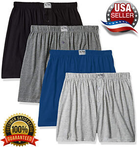Mens Cotton Boxer Shorts 100% Cotton Knit Plain Color Underwear (Pack of 4)