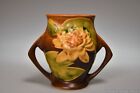 c. 1943 71-4” WATER LILY by Roseville Pottery BROWN Handled Vase - a