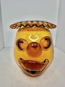 HTF Vintage MCM Blenko Glass 6625 Clown Face Vase W/label Joel Myers In Honey