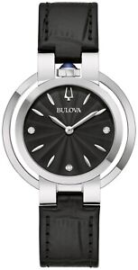 Bulova Women's Quartz Crystal Accent Black Leather Watch 35MM 96P238