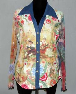 VTG YUKIKO Renaissance Music Floral Denim Trim Collar Sheers Sleeves Blouse Wm M
