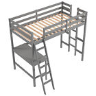 Twin Loft Bed Frame w/Built-in Ladder Solid Wooden Frame and Desk Angled Grey