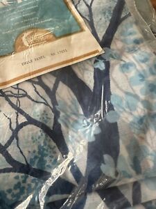 2 -NOS Vintage Sheer Curtains 60” X 81” Navy Blue Aqua Leaves Trees Dracon PAIR
