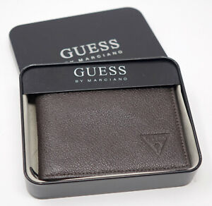 NEW GUESS Men's Genuine Leather Brown Logo Embossed Bifold Passcase Wallet