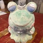 Vintage Cement Concrete Garden Frog Toad Weathered Worn Green Big Eyes