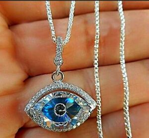 925 Sterling Silver White Blue CZ Evil Eye Lucky Protection Pendant Necklace