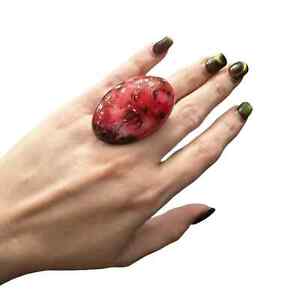 Large Vintage Costume Jewelry Resin Ring Red Pink Adjustable Boho Size 9