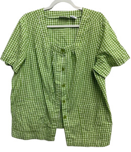 Blair green white gingham short sleeve square neck pockets button down top XL