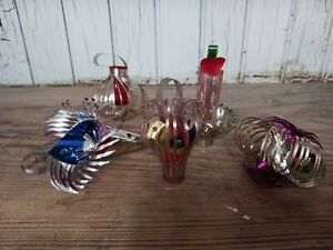 6 Vintage Aluminum Spiral Christmas Ornaments Bird Cage,Candle,Candy Container