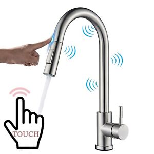 Touch Sensor Kitchen Sink Faucet Brushed Nickel Pull Down Sprayer Swivel Mixer